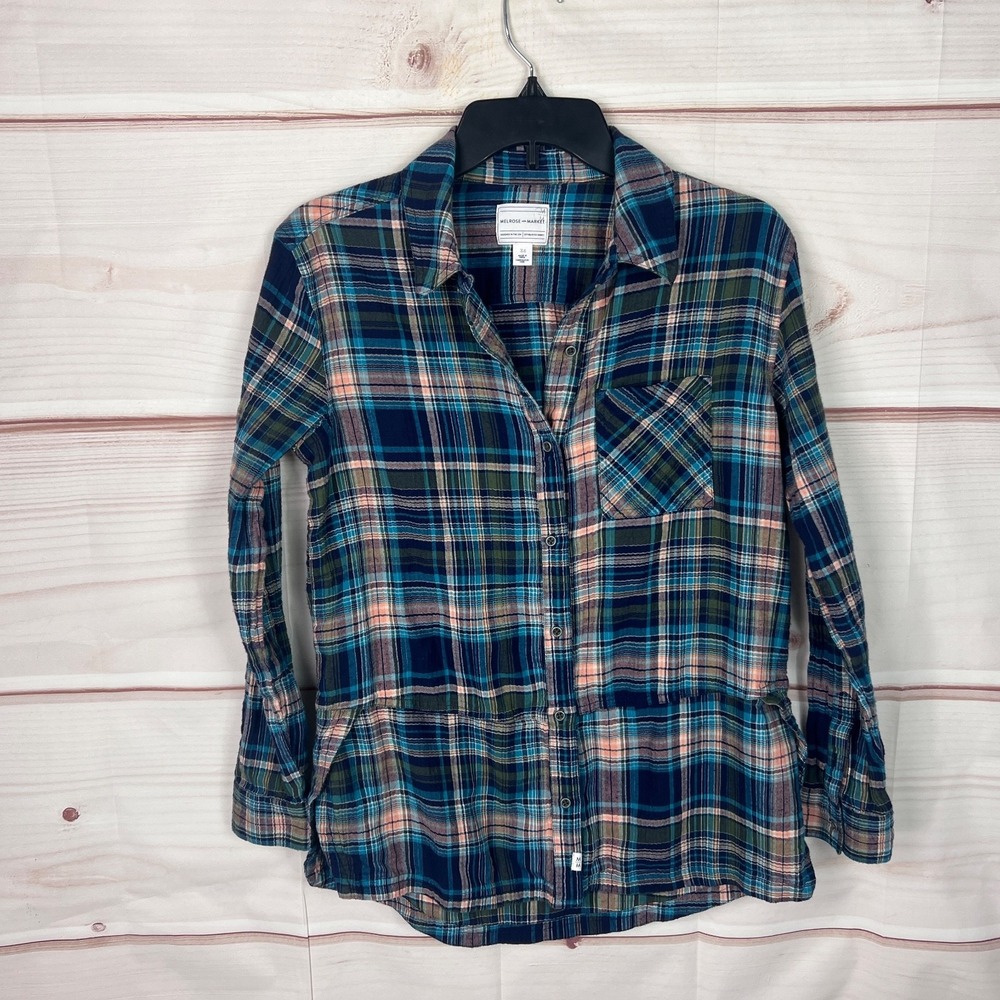 Melrose & Market Top Womens XS Blue Plaid Shirt Button Up Long Sleeve Pocket